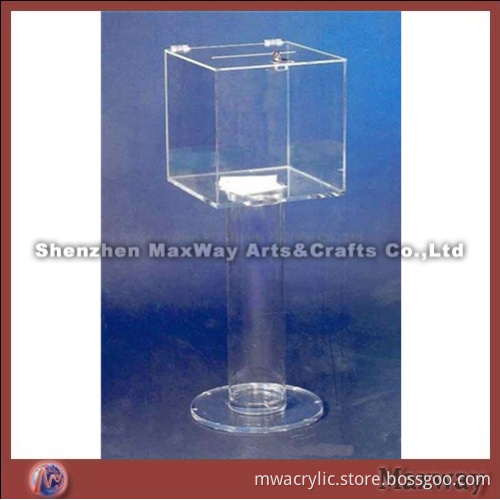 Clear Cubical Acrylic/Plexiglass Donation Box/Case with Round Base